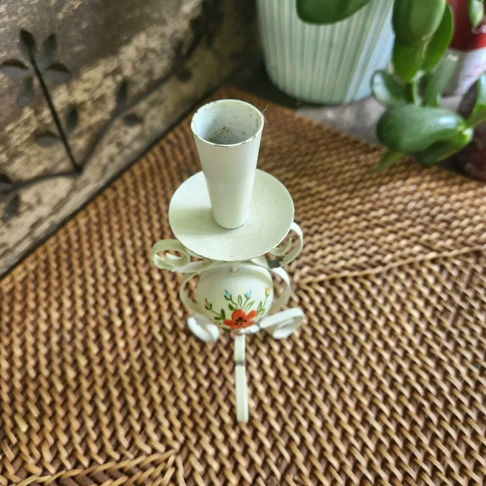 Vintage Candleholder, French White Scroll with Handpainted Wood Center Ball 8